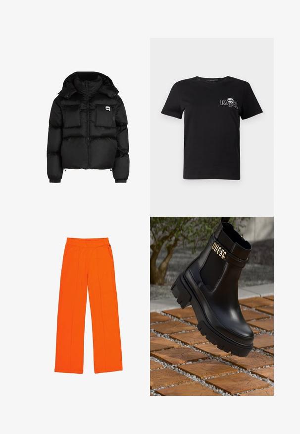 Schwarze Daunenjacke mit hohem Kragen, Reißverschluss vorne, zwei großen Fronttaschen und elastischen Bündchen. Glattes, glänzendes Material mit Kapuze.; Schwarzes T-Shirt mit kurzen Ärmeln aus Baumwolle. Mit einem weißen Grafikdesign auf der Brust, das den Text "KARL" und eine stilisierte Figur zeigt. Rundhalsausschnitt.; Orangene Hose aus strukturiertem Stoff, mit elastischem Bund, Vordertaschen und kontrastierenden Nähten entlang der Nähte.; Schwarze Leder-Ankle-Boots mit einer groben Gummisohle, elastischen seitlichen Einsätzen und einem goldenen Akzent mit "GUESS"-Markierung.