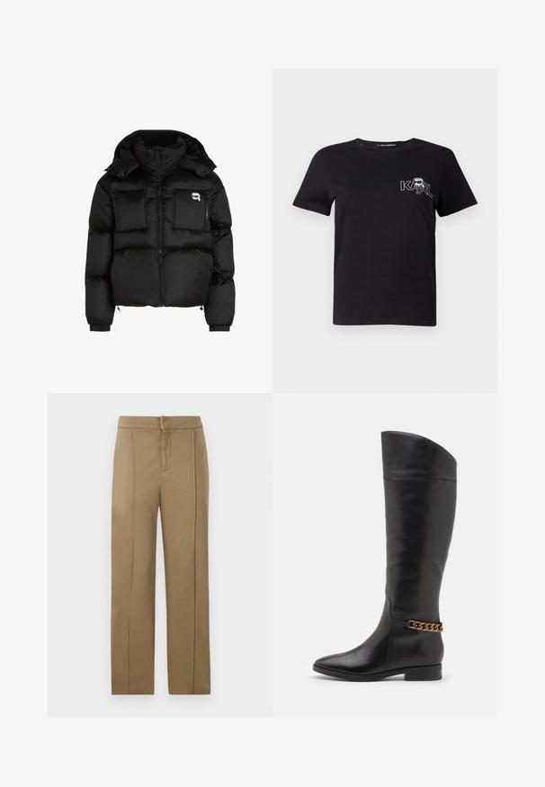 Črn puhovka z visokim ovratnikom, zadrgo spredaj, dvema velikima sprednjima žepoma in elastičnimi manšeti. Gladek, sijoč material s kapuco.; Črna kratka majica s slevenami iz bombaža. Opremljena z belo grafiko z besedilom "KARL" in stilizirano postavo na prsih. Okrogla ovratnica.; Kaške hlače iz gladkega materiala, s srednjim pasom, ravnim krojem in dvema navpičnima šivoma za dodatne detajle.; Visoke črne usnjene škornje z eleganten dizajnom, s koničastim nosom in zlatim verižnim poudarjanjem okoli gležnja. Nizek blok peti. Gladka tekstura.