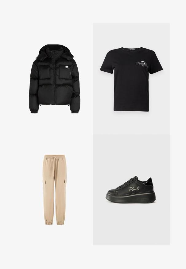 Czarna kurtka puchowa z wysokim kołnierzem, zapinana na zamek z przodu, z dwiema dużymi kieszeniami z przodu i elastycznymi mankietami. Gładki, błyszczący materiał z kapturem.; Czarna koszulka t-shirt z krótkim rękawem wykonana z bawełny. Posiada biały nadruk z napisem "KARL" oraz stylizowaną postacią na klatce piersiowej. Okrągły dekolt.; Beżowe spodnie cargo z miękkiego materiału, z elastycznym pasem, sznurkiem i bocznymi kieszeniami. Zwężana nogawka z elastycznymi mankietami.; Czarne platformowe sneakersy z gładkiej skórzanej cholewki, płaskimi sznurowadłami i wyszywanym logo "Karl" z boku. Okrągły czubek i gruba podeszwa.