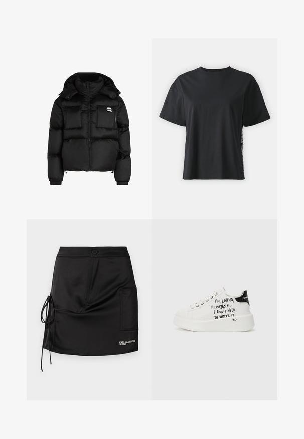 Čierna prešívaná bunda s vysokým golierom, so zipsom vpredu, dvoma veľkými prednými vreckami a elastickými manžetami. Hladká, lesklá tkanina s kapucňou.; Čierne tričko s krátkym rukávom z bavlny, vo voľnom strihu, s kontrastným postranným panelom, na ktorý sú umiestnené malé nápisy a designové detaily.; Čierna mini sukňa zo saténu s gombíkovým zapínaním, bočnými viazačkami a náprsným vreckom s nápisom "KARL LAGERFELD JEANS".; Biele platformové tenisky s čiernymi akcentmi, vybavené textúrovanou podrážkou a ručne písaným textom na bočných stranách. Hladký kožený materiál.