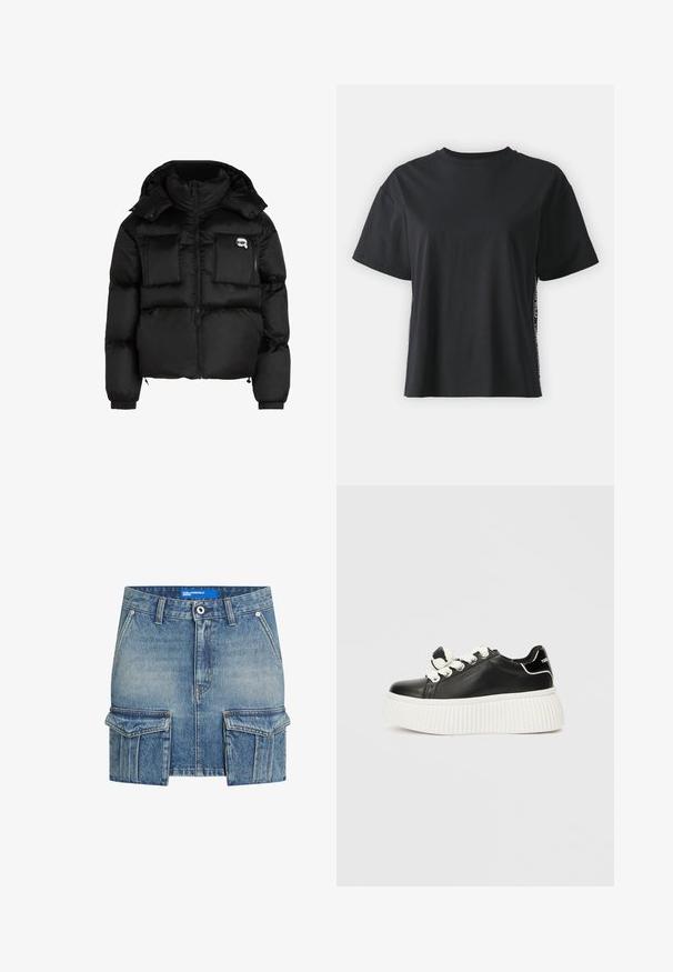 Melna pūķa jaka ar augstu apkakli, ar rāvējslēdzēju priekšpusē, divām lielām priekšējām kabatām un elastīgām aprocēm. Gluda, spīdīga auduma jaka ar kapuci.; Melna īsām piedurknēm kokvilnas t-kreklu ar brīvu piegriezumu un kontrastējošu sānu paneli, kas satur nelielu tekstu un dizaina detaļas.; Gaiši zila džinsa mini svārki ar izbalējušu izskatu. Iespējotas divas lielas priekšējās kabatas un priekšējais pogu aizvērums. Mazgājama veļas mašīnā.; Melnas ādas sporta kurpes ar biezām baltām ritentiņu zole, ar baltām šņorēm un dekoratīvu loku akcentu uz mēles.