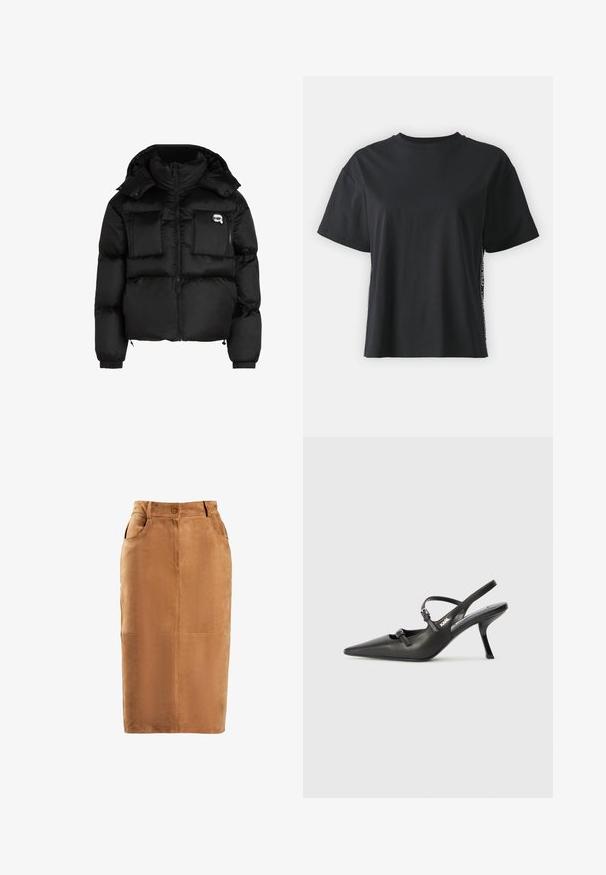 Melna pūķa jaka ar augstu apkakli, ar rāvējslēdzēju priekšpusē, divām lielām priekšējām kabatām un elastīgām aprocēm. Gluda, spīdīga auduma jaka ar kapuci.; Melna īsām piedurknēm kokvilnas t-kreklu ar brīvu piegriezumu un kontrastējošu sānu paneli, kas satur nelielu tekstu un dizaina detaļas.; Brūna zamša zīmuļa svārki ar augstu jostasvietu, priekšējo pogu aizdari, divām sānu kabatām un vertikālām šuvēm. Gluda tekstūra.; Melnas ādas slingback papēži ar norādītu purngalu, izsmalcinātu papēdi un dekoratīvu sprādzi uz priekšpuses. Gluda tekstūra un elegants dizains.