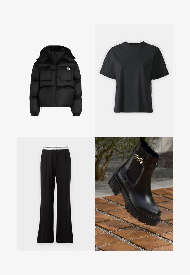 Must mustjakker, millel on kõrge krae, lukuga esiosa, kaks suurt eesmist taskut ja elastsed mansetid. Sile, läikiv kangas kapuutsiga.; Must have lühikeste varrukatega puuvillane must T-särk, millel on lõdvestunud lõige ja kontrastne külgpanel, mis sisaldab väikest teksti ja kujunduselemente.; Mustad püksid, millel on mugav lõige, valge elastse vöökohtaga, millel on kaubamärgi logo. Valmistatud siledast kangast, millel on kerge läige.; Must musta saapad mustast nahast, millel on paks kummist tald, elastsed külgpaneelid ja kuldne aksent "GUESS" brändingu logoga.