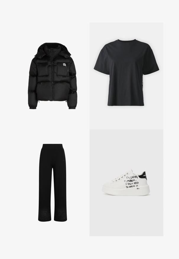 Crni puffer jakna s visokim ovratnikom, zatvorenjem na zip, dva velika prednja džepa i elastičnim rukavima. Glatka, sjajna tkanina s kapuljačom.; Crna pamučna majica kratkih rukava s opuštenim krojem i kontrastnim bočnim panelom koji sadrži sitan tekst i detalje dizajna.; Crne trenirke širokog kroja, s elastičnom strukom i cvjetnim vezom na rubu. Izrađene od mekog, rastezljivog materijala.; Bijele platform tenisice s crnim akcentima, s teksturiranom potplatom i ručno pisanom oznakom sa strane. Glatki kožni materijal.