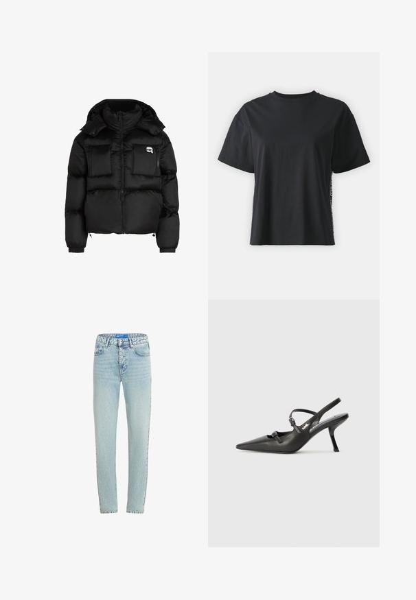 Musta pumpattu takki, jossa on korkea kaulus, vetoketjullinen etuosa, kaksi suurta etutaskua ja joustavat hihansuut. Sujuva, kiiltävä kangas huppuna.; Musta lyhythihainen puuvillapaita rentoa mallia, jossa on erottuva sivupaneeli, johon on lisätty pieniä tekstejä ja yksityiskohtia.; Vaaleansiniset farkut suoran leikkauksen kanssa, viisi taskua ja napitus. Ominaisuuksiin kuuluvat haalistuneet alueet ja vahvistettu saumavärjäys.; Mustat nahkaiset slingback-korkokengät, joissa on terävä kärki, hoikka korko ja koristeellinen solkityyny varpailla. Tasainen pinta ja tyylikäs muotoilu.