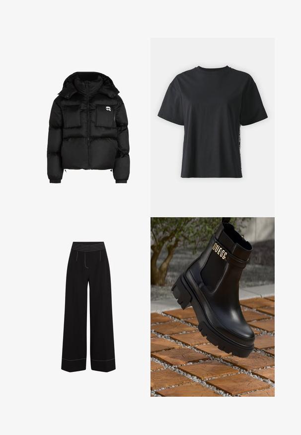 Juodas pūkinis švarkas su aukštu apykakle, užtrauktuku priekyje, dviem didelėm priekinėm kišenėm ir elastingomis rankovėmis. Lygus, blizgus audinys su kapišonu.; Juoda trumpomis rankovėmis medvilninė marškinėliai su laisvu siluetu ir kontrastine šonine juostele, kurioje yra mažas tekstas ir dizaino detalės.; Juodi plačiai išlieti kelnių su tekstūriniu, elastingu juosmeniu. Apatiniai kraštai ir kišenės turi baltus siūlus. Lygus audinio paviršius.; Juodos odinės kulkšninių botai su masyviu guminiu padu, elastinėmis šoninėmis detalėmis ir auksine akcento detalė su "GUESS" ženklu.