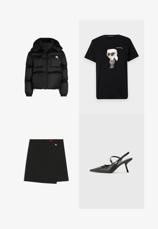 Melna pūķa jaka ar augstu apkakli, ar rāvējslēdzēju priekšpusē, divām lielām priekšējām kabatām un elastīgām aprocēm. Gluda, spīdīga auduma jaka ar kapuci.; Melna kokvilnas t-kreklu ar pelēku un baltu karikatūras tēlu, kurā ir saulesbrilles un uzvalks, un virsū ir drukāts "KARL LAGERFELD".; Melnā apvalka svārki ar gludu tekstūru, kas dekorēti ar sarkano logotipa birku un sudraba aksesuāru. Vienkāršs dizains ar tīru griezumu.; Melnas ādas slingback papēži ar norādītu purngalu, izsmalcinātu papēdi un dekoratīvu sprādzi uz priekšpuses. Gluda tekstūra un elegants dizains.