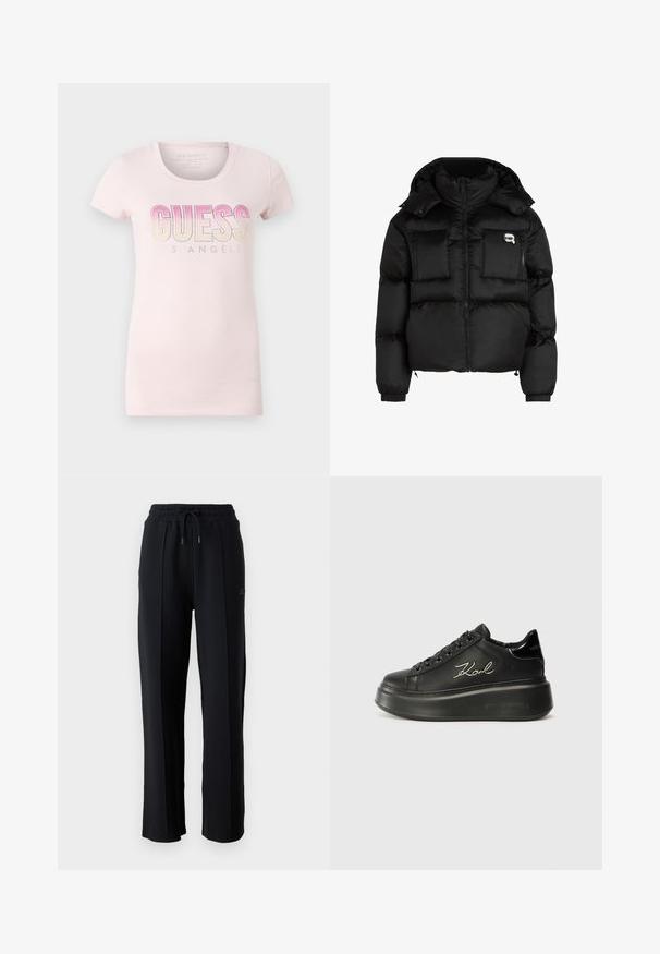Černá péřová bunda s vysokým límcem, zapínáním na zip, dvěma velkými předními kapsami a elastickými manžetami. Hladká, lesklá látka s kapucí.; Světle růžové bavlněné tričko s kulatým výstřihem, krátkými rukávy a dekorativním gradientním textem "GUESS LOS ANGELES" s akcenty z rhinestones.; Černé tepláky s volným střihem, elastickým pasem, nastavitelnou šňůrkou a vertikálními švy podél nohavic. Měkká textilie.; Černé platformové tenisky s hladkým koženým svrškem, plochými tkaničkami a vyšitou logem "Karl" na boku. Kulatá špička a silná podrážka.