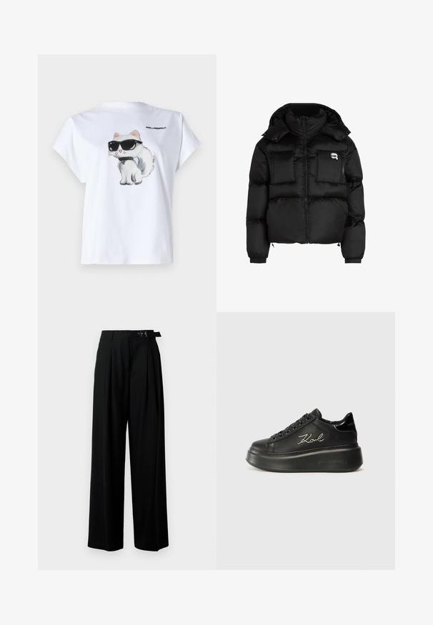 Černá péřová bunda s vysokým límcem, zapínáním na zip, dvěma velkými předními kapsami a elastickými manžetami. Hladká, lesklá látka s kapucí.; Bílý bavlněný tričko s krátkým rukávem, na kterém je kreslená kočka se slunečními brýlemi, volného střihu. Logo "KARL LAGERFELD" na zadní straně.; Černé široké kalhoty s vysokým pasem, záhyby vpředu a páskem s přezkou. Vyrobené z hladké, lehké tkaniny.; Černé platformové tenisky s hladkým koženým svrškem, plochými tkaničkami a vyšitou logem "Karl" na boku. Kulatá špička a silná podrážka.