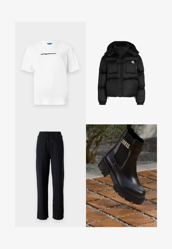 Juodas pūkinis švarkas su aukštu apykakle, užtrauktuku priekyje, dviem didelėm priekinėm kišenėm ir elastingomis rankovėmis. Lygus, blizgus audinys su kapišonu.; Balta medvilnės marškinėliai su apvalia iškirpte ir trumpomis rankovėmis. Priekyje yra juodu spaudos tekstu: "karl lagerfeld jeans." Lygus paviršius.; Juodi sportiniai džinsai su laisvu siluetu, elastine juosmeniu, reguliuojamu raiščiu ir vertikaliomis siūlėmis palei kojas. Minkšta audinio tekstūra.; Juodos odinės kulkšninių botai su masyviu guminiu padu, elastinėmis šoninėmis detalėmis ir auksine akcento detalė su "GUESS" ženklu.