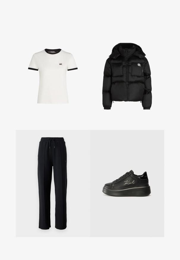 Sort oppustelig jakke med høj krave, lynlåslukning foran, to store forlommer og elastiske manchetter. Glat, blankt stof med hætte.; Hvid bomulds t-shirt med sort ribbede hals og ærmekanter. Har et lille broderet tegneserieansigt design på venstre bryst.; Sorte sweatpants med afslappet pasform, elastisk taljebånd, justerbar snøre og lodrette sømme langs benene. Blød stoftekstur.; Sorte platform sneakers med en glat læderoverdel, flade snørebånd og broderet "Karl" logo på siden. Rundet tå og tyk sål.