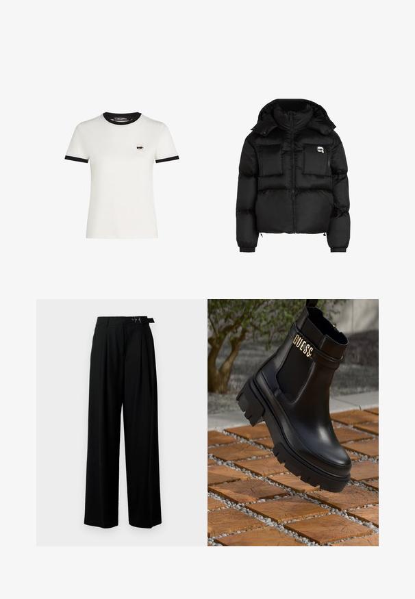 Zwarte puffer jacket met een hoge kraag, ritssluiting aan de voorkant, twee grote zakken aan de voorkant en elastische manchetten. Glad, glanzend materiaal met een kap.; Witte katoenen t-shirt met zwart geribbeld hals- en mouwrand. Heeft een klein geborduurd cartoongezicht ontwerp op de linkerborst.; Zwarte wijde broek met hoge taille, plooien aan de voorkant en een riem met een gesp. Gemaakt van glad, lichtgewicht stof.; Zwarte leren enkelboot met een chunky rubberen zool, elastische zijpanelen en een gouden accent met "GUESS" branding.