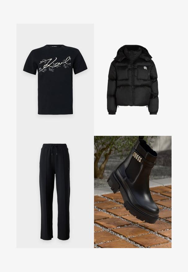 Svart pufferjakke med høy krage, glidelås foran, to store frontlommer og elastiske mansjetter. Glatt, blankt stoff med hette.; Svart bomull t-skjorte med trykt hvit "Karl" signaturdesign med blomsterdetaljer. Korte ermer og standard rund hals.; Svarte joggebukser med avslappet passform, elastisk midje, justerbar snøring og vertikale sømmer langs beina. Myk stofftekstur.; Svarte lær ankelstøvler med en kraftig gummisåle, elastiske sidestykker og et gullfarget detalj med "GUESS"-merke.