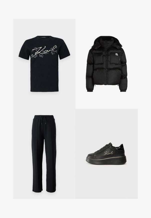 Melna pūķa jaka ar augstu apkakli, ar rāvējslēdzēju priekšpusē, divām lielām priekšējām kabatām un elastīgām aprocēm. Gluda, spīdīga auduma jaka ar kapuci.; Melnas kokvilnas t-kreklis ar drukātu baltu "Karl" parakstu, rotātu ar ziedu akcentiem. Īsas piedurknes un standarta apaļa kakla izgriezums.; Melni sporta bikses ar brīvu piegriezumu, elastīgu jostasvieta, regulējamu auklu un vertikālām šuvēm gar kājām. Mīksta auduma tekstūra.; Melni platformas sporta apavi, kas izgatavoti no gludas ādas, ar plakaniem šņorēm un izšūtu "Karl" logo sānos. Apaļa purngala un bieza zole.