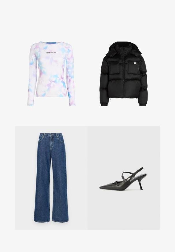 Must mustjakker, millel on kõrge krae, lukuga esiosa, kaks suurt eesmist taskut ja elastsed mansetid. Sile, läikiv kangas kapuutsiga.; Pikend varrukatega topp sujuvas ja venivas kangas. Omab pastellblue ja lilla lillemustrit ning prinditud logo ees.; Laiene jalad sinised denimpüksid kõrge vöökohaga, esipocketite ja ühe nööbi sulgemisega. Tekstuuriga kangas nähtavate õmblustega.; Must musta slingback kontsad, terava nina, peenike konts ja dekoratiivne pandla detail peal. Sile tekstuur ja stiilne disain.