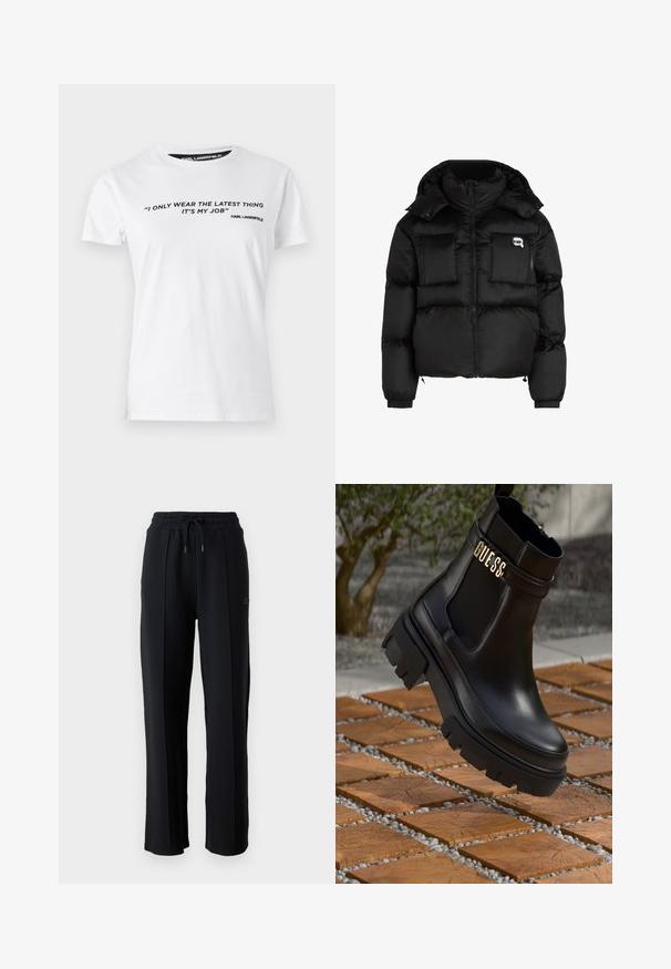 Must mustjakker, millel on kõrge krae, lukuga esiosa, kaks suurt eesmist taskut ja elastsed mansetid. Sile, läikiv kangas kapuutsiga.; Valge puuvillane T-särk lühikeste varrukatega, mille ees on musta värviga trükitud tekst ja tsitaat, ning kaelatagusele on kinnitatud silt 'KARL LAGERFELD.'; Mustad mustad püksid lõdva lõikega, elastse vöökoha, reguleeritava nööriga ja vertikaalsete õmblustega jalgadel. Pehme kangastekstsuur.; Must musta saapad mustast nahast, millel on paks kummist tald, elastsed külgpaneelid ja kuldne aksent "GUESS" brändingu logoga.