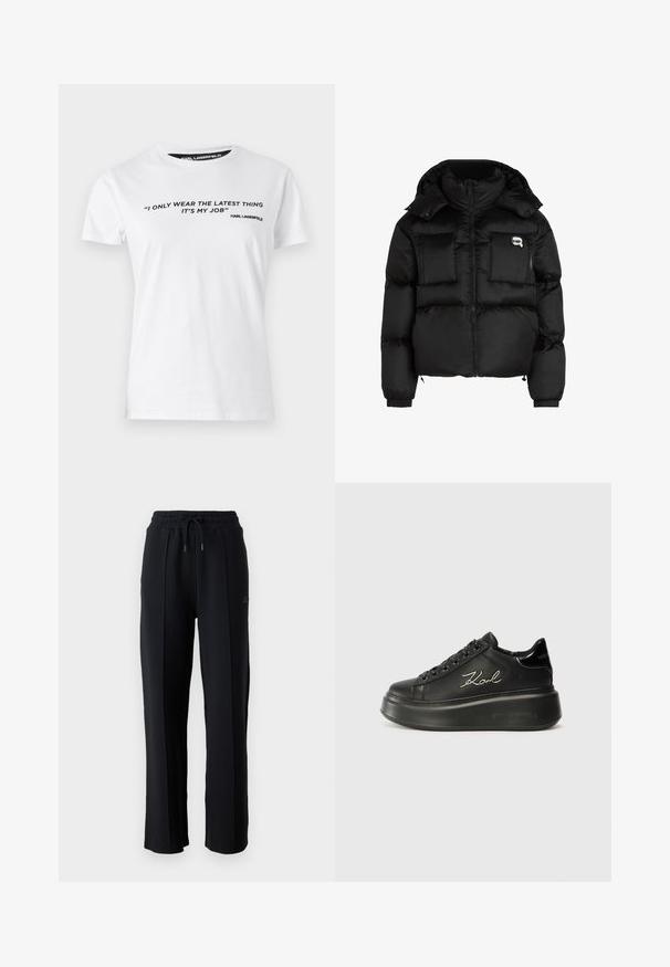 Must mustjakker, millel on kõrge krae, lukuga esiosa, kaks suurt eesmist taskut ja elastsed mansetid. Sile, läikiv kangas kapuutsiga.; Valge puuvillane T-särk lühikeste varrukatega, mille ees on musta värviga trükitud tekst ja tsitaat, ning kaelatagusele on kinnitatud silt 'KARL LAGERFELD.'; Mustad mustad püksid lõdva lõikega, elastse vöökoha, reguleeritava nööriga ja vertikaalsete õmblustega jalgadel. Pehme kangastekstsuur.; Mustad mustad sneakerid, millel on sile nahkpind, tasased paelad ja brodheeritud "Karl" logo külje peal. Ümmargune varvas ja paks tald.