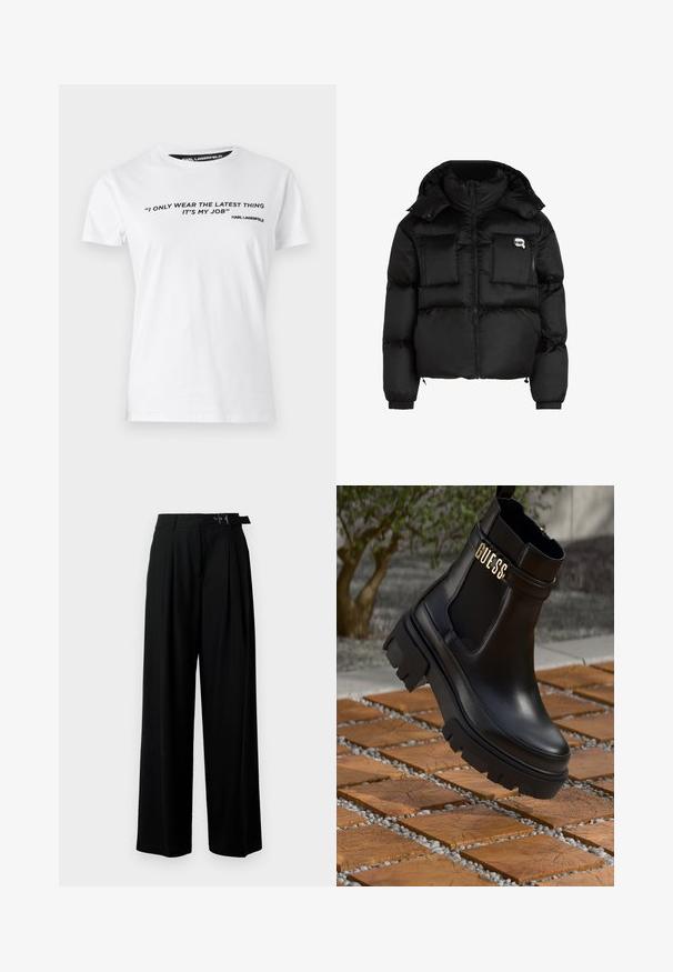 Must mustjakker, millel on kõrge krae, lukuga esiosa, kaks suurt eesmist taskut ja elastsed mansetid. Sile, läikiv kangas kapuutsiga.; Valge puuvillane T-särk lühikeste varrukatega, mille ees on musta värviga trükitud tekst ja tsitaat, ning kaelatagusele on kinnitatud silt 'KARL LAGERFELD.'; Mustad kõrge vöökohaga mustad laiad püksid, millel on ees voldid ja vöö, millel on pandla. Valmistatud siledast ja kergest kangast.; Must musta saapad mustast nahast, millel on paks kummist tald, elastsed külgpaneelid ja kuldne aksent "GUESS" brändingu logoga.