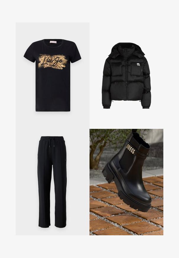 Melna pūķa jaka ar augstu apkakli, ar rāvējslēdzēju priekšpusē, divām lielām priekšējām kabatām un elastīgām aprocēm. Gluda, spīdīga auduma jaka ar kapuci.; Melna kokvilnas T-kreklā ar īsām piedurknēm un apaļu kaklu, ar zelta un brūnu drukātu dizainu, kurā ir teksts "Liu Jo."; Melni sporta bikses ar brīvu piegriezumu, elastīgu jostasvieta, regulējamu auklu un vertikālām šuvēm gar kājām. Mīksta auduma tekstūra.; Melna ādas potīšu zābaku ar masīvu gumijas zoli, elastīgām sānu paneļiem un zelta akcents ar "GUESS" zīmola nosaukumu.