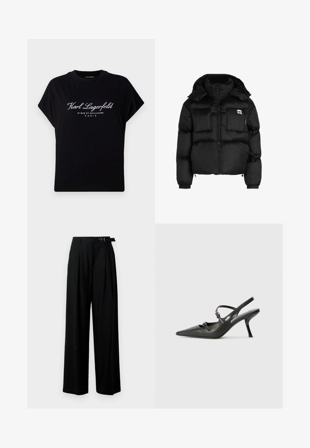 Melna pūķa jaka ar augstu apkakli, ar rāvējslēdzēju priekšpusē, divām lielām priekšējām kabatām un elastīgām aprocēm. Gluda, spīdīga auduma jaka ar kapuci.; Melna pārāk liela T-kreklis, kas izgatavots no kokvilnas. Ar īsām piedurknēm un apaļu kakla izgriezumu. Priekša izrotāta ar baltu tekstu: "Karl Lagerfeld 21 RUE ST-GUILLAUME PARIS."; Melni plaši bikses ar augsto jostasvītru, priekšā ar krokojiem un jostu ar sprādzi. Izgatavotas no gludas, vieglas auduma.; Melnas ādas slingback papēži ar norādītu purngalu, izsmalcinātu papēdi un dekoratīvu sprādzi uz priekšpuses. Gluda tekstūra un elegants dizains.