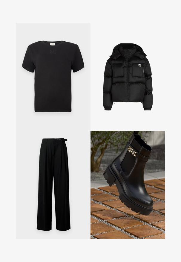 Fekete puffertakó, magas gallérral, cipzáras elülső résszel, két nagy elülső zsebbel és rugalmas mandzsettákkal. Sima, fényes anyagból készült, kapucnival.; Fekete, rövid ujjú, kereknyakú póló, a mellkas közepén diszkrét, hímzett Calvin Klein logóval, sima design, fehér háttérrel.; Fekete, bő szárú nadrág magas derékkal, elöl pliszírozva, és csattal ellátott övvel. Simább, könnyű anyagból készült.; Fekete bőr bokacsizma tömzsi gumitalppal, elasztikus oldalsó panelekkel és arany részletként a "GUESS" márkázással.