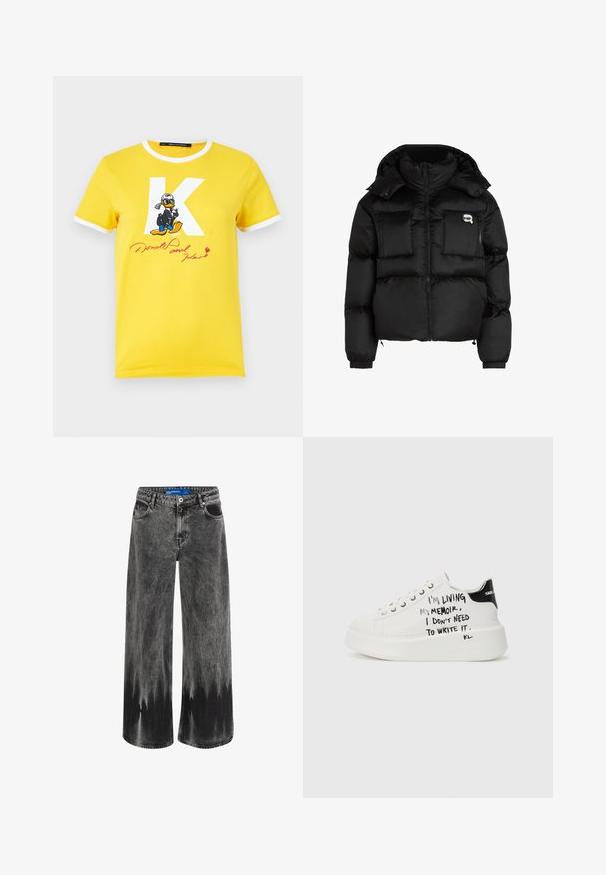 Juodas pūkinis švarkas su aukštu apykakle, užtrauktuku priekyje, dviem didelėm priekinėm kišenėm ir elastingomis rankovėmis. Lygus, blizgus audinys su kapišonu.; Geltonas medvilninis marškinėlis su balta apykakle ir rankovėmis. Pabrėžia didelį baltą 'K' ir Donaldo Bobo grafinį atvaizdą su raudonu tekstu "Donald Duck".; Plačios kojų džinsai iš išblukusio juodo džinsinio audinio, su dip-dye efektu, plieno detalėmis ir klasikinio penkių kišenių dizainu su standardiniu juosmeniu.; Baltos platformos sportbačiai su juodais akcentais, turintys tekstūruotą pado ir ranka rašytą tekstą šonuose. Lygus odos paviršius.