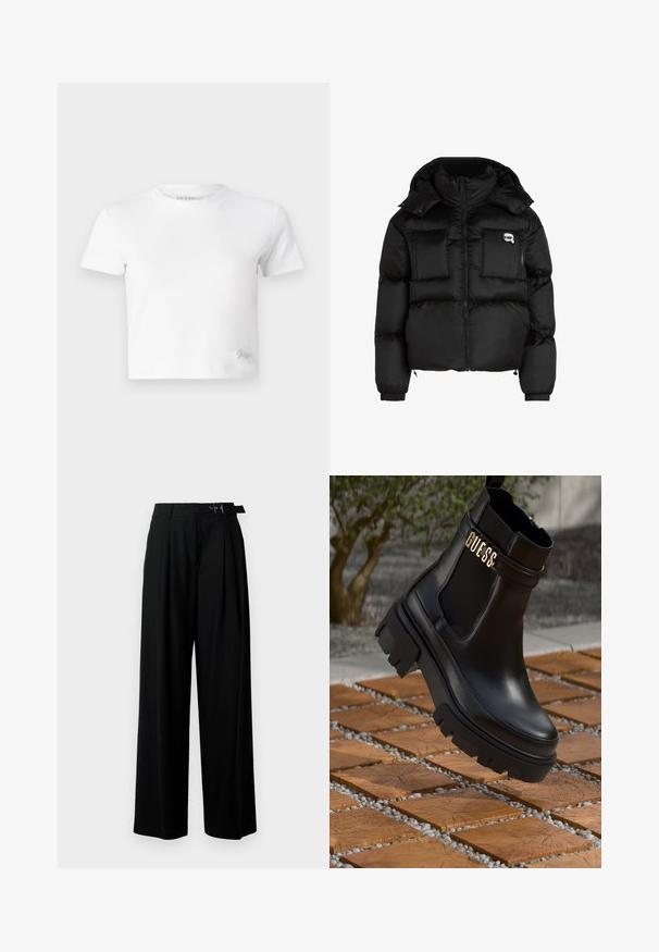 Giacca a vento nera con collo alto, zip frontale, due grandi tasche anteriori e polsini elasticizzati. Tessuto liscio e lucido con cappuccio.; T-shirt cropped bianco realizzato in cotone liscio, con un collo alto e maniche corte. Piccolo logo ricamato nell'angolo inferiore.; Pantaloni neri a gamba larga con vita alta, pieghe nella parte anteriore e una cintura con fibbia. Realizzati in tessuto liscio e leggero.; Stivale alla caviglia in pelle nera con suola in gomma spessa, pannelli laterali in elastico e un accento dorato con il marchio "GUESS".