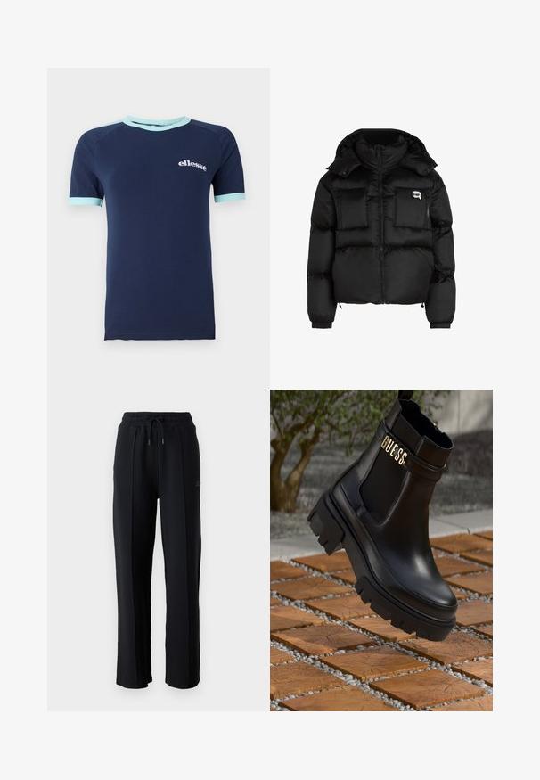Svart pufferjakke med høy krage, glidelås foran, to store frontlommer og elastiske mansjetter. Glatt, blankt stoff med hette.; Marineblå t-skjorte med korte ermer laget av bomull, med lyseblå kant på krage og ermer, og med hvit "ellesse" logo på forsiden.; Svarte joggebukser med avslappet passform, elastisk midje, justerbar snøring og vertikale sømmer langs beina. Myk stofftekstur.; Svarte lær ankelstøvler med en kraftig gummisåle, elastiske sidestykker og et gullfarget detalj med "GUESS"-merke.