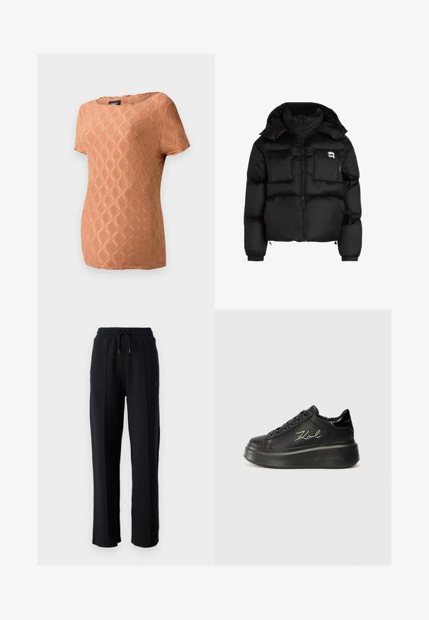 Zwarte puffer jacket met een hoge kraag, ritssluiting aan de voorkant, twee grote zakken aan de voorkant en elastische manchetten. Glad, glanzend materiaal met een kap.; Korte mouwen, textuur top in zacht oranje met een ruitpatroon. Heeft een ronde halslijn en een ontspannen pasvorm.; Zwarte joggingsbroek met een relaxed fit, elastische tailleband, verstelbaar trekkoord en verticale naden langs de benen. Zachte stoffen textuur.; Zwarte platform sneakers met een soepel leren bovenwerk, platte veters en geborduurd "Karl" logo aan de zijkant. Ronde neus en dikke zool.