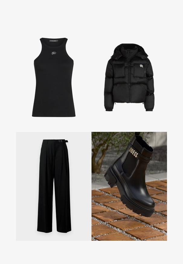 Juodas pūkinis švarkas su aukštu apykakle, užtrauktuku priekyje, dviem didelėm priekinėm kišenėm ir elastingomis rankovėmis. Lygus, blizgus audinys su kapišonu.; Juodas riebus kamščių marškinėliai su apvaliu iškirpimu ir siaurais petnešomis. Yra mažas baltas logotipas ant krūtinės.; Juodos plačios kojų kelnės su aukštu liemeniu, priekinėmis klostėmis ir diržu su sagtimi. Pagamintos iš lygaus, lengvo audinio.; Juodos odinės kulkšninių botai su masyviu guminiu padu, elastinėmis šoninėmis detalėmis ir auksine akcento detalė su "GUESS" ženklu.