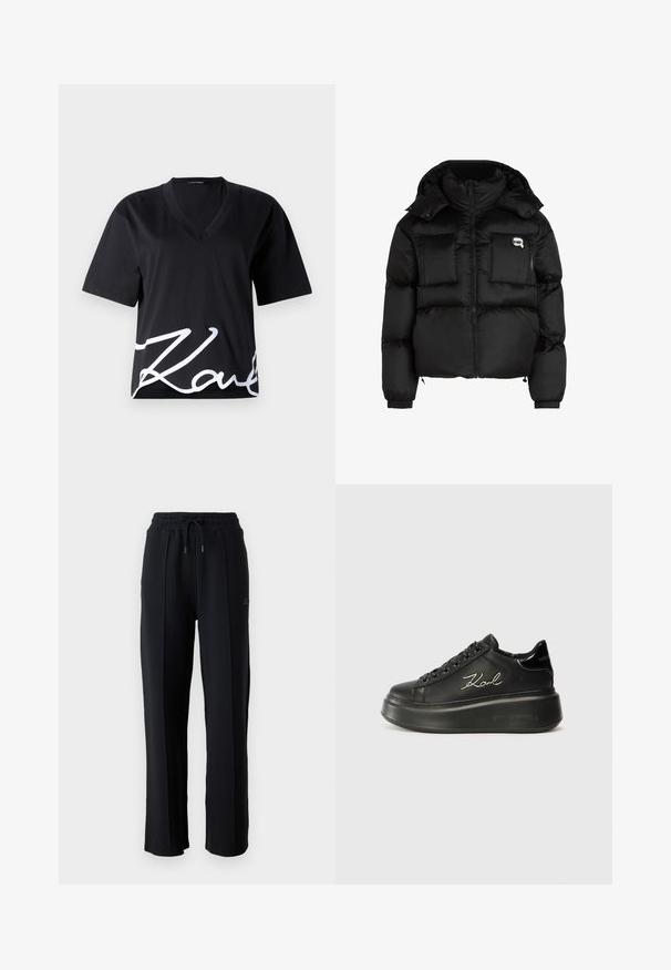 Juodas pūkinis švarkas su aukštu apykakle, užtrauktuku priekyje, dviem didelėm priekinėm kišenėm ir elastingomis rankovėmis. Lygus, blizgus audinys su kapišonu.; Juodas V-kaklo marškinėlis, pagamintas iš švelnaus audinio, turi trumpas rankoves ir didelį baltą parašą apatinėje priekinėje dalyje.; Juodi sportiniai džinsai su laisvu siluetu, elastine juosmeniu, reguliuojamu raiščiu ir vertikaliomis siūlėmis palei kojas. Minkšta audinio tekstūra.; Juodi platforminiai sportbačiai su lygiu odiniu viršumi, plokščiomis raištelėmis ir išsiuvinėtu "Karl" logotipu šone. Apvalūs pirštai ir storas padas.