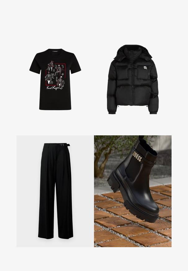 Must mustjakker, millel on kõrge krae, lukuga esiosa, kaks suurt eesmist taskut ja elastsed mansetid. Sile, läikiv kangas kapuutsiga.; Mustast puuvillane t-särk, millel on moekunstiteosed valge ja punase värviga, allservas allkiri. Tavaline ümar kaelus ja lühikesed varrukad.; Mustad kõrge vöökohaga mustad laiad püksid, millel on ees voldid ja vöö, millel on pandla. Valmistatud siledast ja kergest kangast.; Must musta saapad mustast nahast, millel on paks kummist tald, elastsed külgpaneelid ja kuldne aksent "GUESS" brändingu logoga.