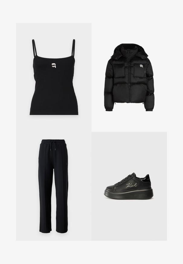 Chaqueta de plumas negra con cuello alto, cierre frontal con cremallera, dos grandes bolsillos delanteros y puños elásticos. Tela suave y brillante con capucha.; Top negro de canalé con tirantes finos, que presenta un pequeño gráfico blanco de un personaje con gafas de sol en el frontal.; Pantalones de chándal negros con un corte relajado, cinturilla elástica, cordón ajustable y costuras verticales a lo largo de las piernas. Textura de tela suave.; Zapatillas de plataforma negras con parte superior de cuero suave, cordones planos y logo bordado "Karl" en el lateral. Punta redondeada y suela gruesa.