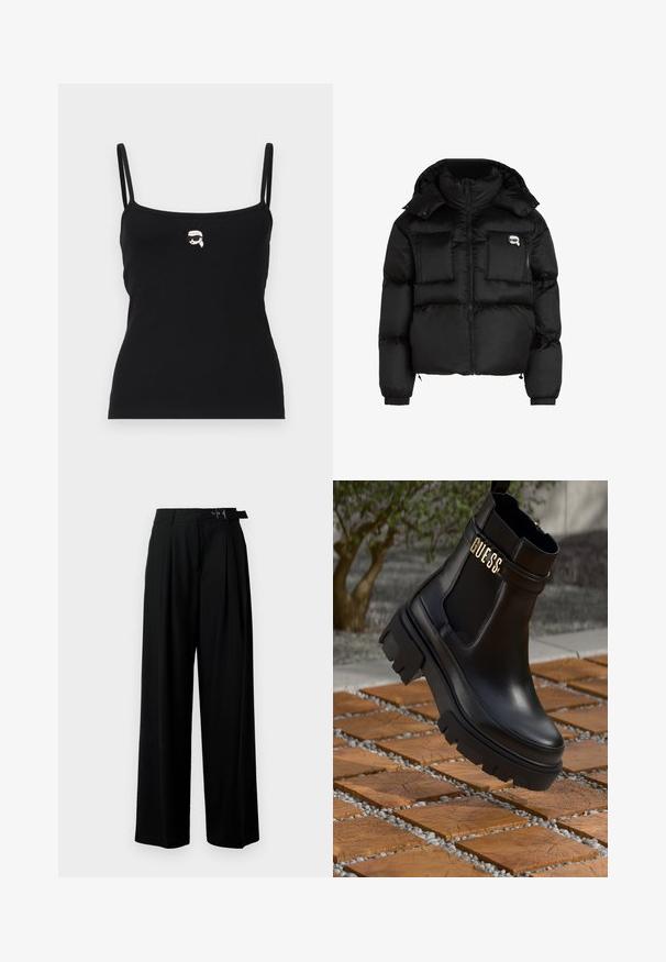 Czarna kurtka puchowa z wysokim kołnierzem, zapinana na zamek z przodu, z dwiema dużymi kieszeniami z przodu i elastycznymi mankietami. Gładki, błyszczący materiał z kapturem.; Czarny prążkowany top na ramiączkach z cienkimi paskami, z małym białym nadrukiem postaci w okularach przeciwsłonecznych z przodu.; Czarne spodnie szerokie w nogawkach z wysokim stanem, z plisami z przodu oraz paskiem z klamrą. Wykonane z gładkiego, lekkiego materiału.; Czarne skórzane botki za kostkę z grubą gumową podeszwą, elastycznymi bocznymi panelami i złotym akcentem z logo "GUESS".