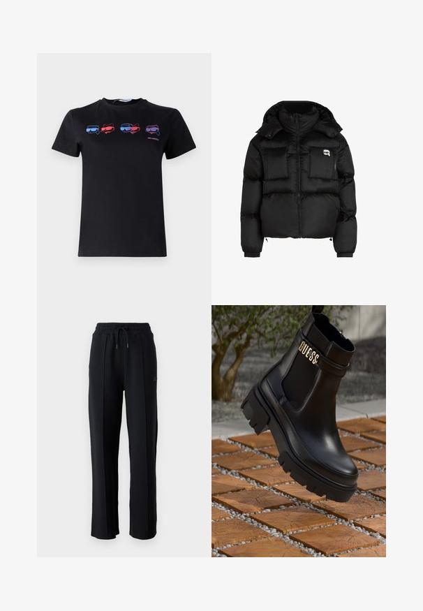 Melna pūķa jaka ar augstu apkakli, ar rāvējslēdzēju priekšpusē, divām lielām priekšējām kabatām un elastīgām aprocēm. Gluda, spīdīga auduma jaka ar kapuci.; Melnas kokvilnas t-krekls ar četriem grafiskiem attēliem ar kaķiem, kas valkā saulesbrilles sarkanā un zilā krāsā. Īsas piedurknes un apaļa apkakle.; Melni sporta bikses ar brīvu piegriezumu, elastīgu jostasvieta, regulējamu auklu un vertikālām šuvēm gar kājām. Mīksta auduma tekstūra.; Melna ādas potīšu zābaku ar masīvu gumijas zoli, elastīgām sānu paneļiem un zelta akcents ar "GUESS" zīmola nosaukumu.