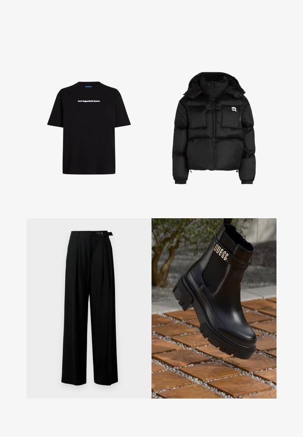 Svart pufferjakke med høy krage, glidelås foran, to store frontlommer og elastiske mansjetter. Glatt, blankt stoff med hette.; Svart bomull t-skjorte med korte ermer, med en hvit tekstlogo "karl lagerfeld jeans" på fronten. Rund hals-design.; Svarte vide bukser med høy livlinje, folder foran og belte med spenne. Laget av glatt, lett materiale.; Svarte lær ankelstøvler med en kraftig gummisåle, elastiske sidestykker og et gullfarget detalj med "GUESS"-merke.