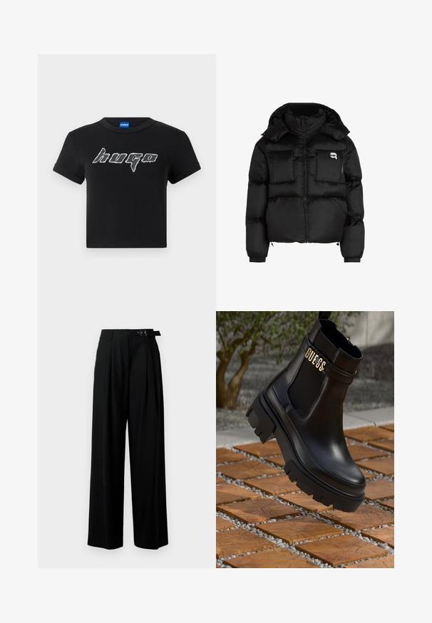 Must mustjakker, millel on kõrge krae, lukuga esiosa, kaks suurt eesmist taskut ja elastsed mansetid. Sile, läikiv kangas kapuutsiga.; Must mustüri must mees, millel on suur, stiliseeritud valge "hugo" logo graafilises fondis. Lühikesed varrukad ja ümar kaelus.; Mustad kõrge vöökohaga mustad laiad püksid, millel on ees voldid ja vöö, millel on pandla. Valmistatud siledast ja kergest kangast.; Must musta saapad mustast nahast, millel on paks kummist tald, elastsed külgpaneelid ja kuldne aksent "GUESS" brändingu logoga.