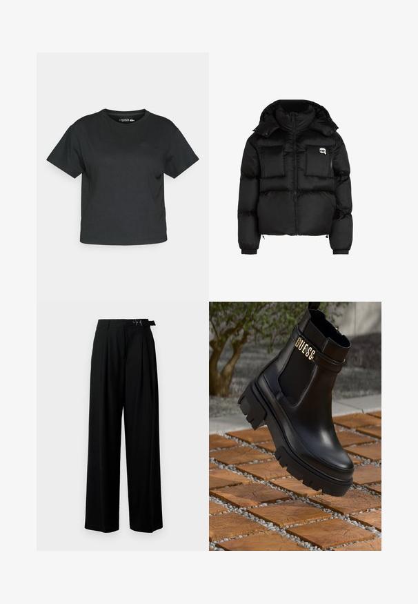 Svart pufferjacka med hög krage, zippered front, två stora framfickor och elastiska ärmslut. Slät, glänsande tyg med huva.; Svart kortärmad t-shirt i mjukt material. Kort ärm, rund halsringning och diskret logotyp framtill. Rakt avslut, minimalistisk design.; Svarta byxor med vida ben och hög midja, med veck framtill och ett bälte med spänne. Tillverkade av ett mjukt, lätt tyg.; Svart läderankelsko med en kraftig gummisul, elastiska sidopaneler och en guldfinish med "GUESS"-logotyp.