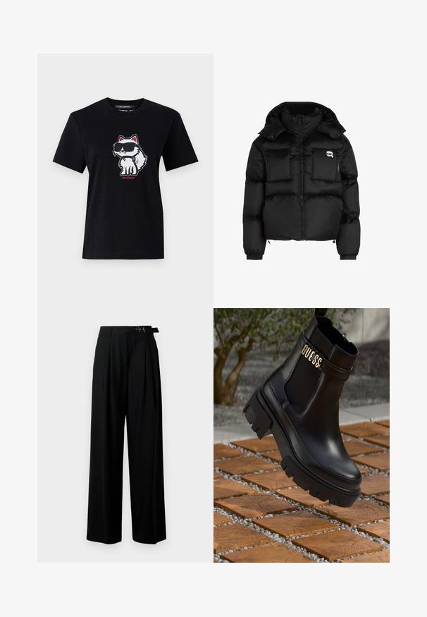 Čierna prešívaná bunda s vysokým golierom, so zipsom vpredu, dvoma veľkými prednými vreckami a elastickými manžetami. Hladká, lesklá tkanina s kapucňou.; Čierne bavlnené tričko s krátkym rukávom a okrúhlym výstrihom, s karikatúrnym líškom v slnečných okuliaroch, obrysom v bielej farbe a červenými akcentmi, umiestneným na prednej strane.; Čierne široké nohavice s vysokým pásom, skladmi vpredu a opaskom s prackou. Vyrobené z hladkej, ľahkej textílie.; Čierne kožené členkové topánky s masívnou gumovou podrážkou, elastickými bočnými panelmi a zlatým akcentom s logom "GUESS".