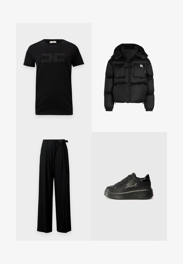 Must mustjakker, millel on kõrge krae, lukuga esiosa, kaks suurt eesmist taskut ja elastsed mansetid. Sile, läikiv kangas kapuutsiga.; Must kaasaegne must puuvillane T-särk lühikeste varrukatega ja ümar kaelus, millel on tonalne logo disain rinnal. Sujuv tekstuur ja klassikaline lõige.; Mustad kõrge vöökohaga mustad laiad püksid, millel on ees voldid ja vöö, millel on pandla. Valmistatud siledast ja kergest kangast.; Mustad mustad sneakerid, millel on sile nahkpind, tasased paelad ja brodheeritud "Karl" logo külje peal. Ümmargune varvas ja paks tald.