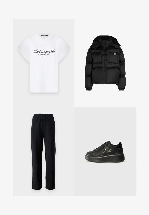 Melna pūķa jaka ar augstu apkakli, ar rāvējslēdzēju priekšpusē, divām lielām priekšējām kabatām un elastīgām aprocēm. Gluda, spīdīga auduma jaka ar kapuci.; Balts kokvilnas T-krekls ar īsām, sarullētām piedurknēm. Priekšpusē ir melns teksts: "Karl Lagerfeld 21 RUE ST-GUILLAUME PARIS".; Melni sporta bikses ar brīvu piegriezumu, elastīgu jostasvieta, regulējamu auklu un vertikālām šuvēm gar kājām. Mīksta auduma tekstūra.; Melni platformas sporta apavi, kas izgatavoti no gludas ādas, ar plakaniem šņorēm un izšūtu "Karl" logo sānos. Apaļa purngala un bieza zole.