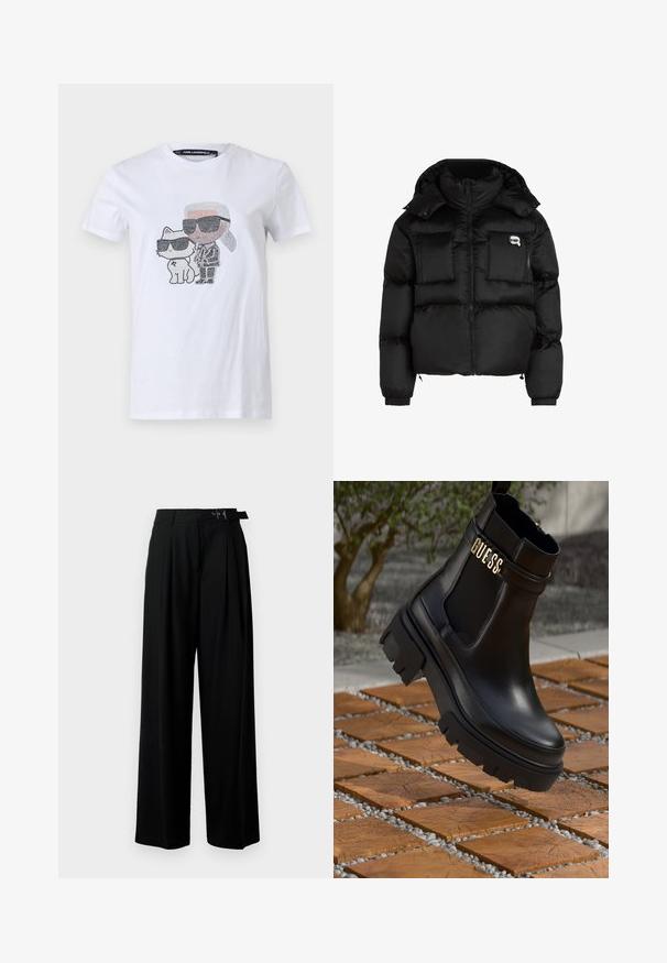 Must mustjakker, millel on kõrge krae, lukuga esiosa, kaks suurt eesmist taskut ja elastsed mansetid. Sile, läikiv kangas kapuutsiga.; Valge puuvillane T-särk graafilise disainiga, millel on tegelane ja kass prillides, mustade ja hallide detailidega.; Mustad kõrge vöökohaga mustad laiad püksid, millel on ees voldid ja vöö, millel on pandla. Valmistatud siledast ja kergest kangast.; Must musta saapad mustast nahast, millel on paks kummist tald, elastsed külgpaneelid ja kuldne aksent "GUESS" brändingu logoga.