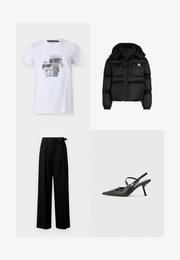 Melna pūķa jaka ar augstu apkakli, ar rāvējslēdzēju priekšpusē, divām lielām priekšējām kabatām un elastīgām aprocēm. Gluda, spīdīga auduma jaka ar kapuci.; Balta kokvilnas T-kreklā ar grafisku dizainu, kurā attēlots varonis un kaķis ar saulesbrillēm, akcentēts ar melnām un pelēkām detaļām.; Melni plaši bikses ar augsto jostasvītru, priekšā ar krokojiem un jostu ar sprādzi. Izgatavotas no gludas, vieglas auduma.; Melnas ādas slingback papēži ar norādītu purngalu, izsmalcinātu papēdi un dekoratīvu sprādzi uz priekšpuses. Gluda tekstūra un elegants dizains.