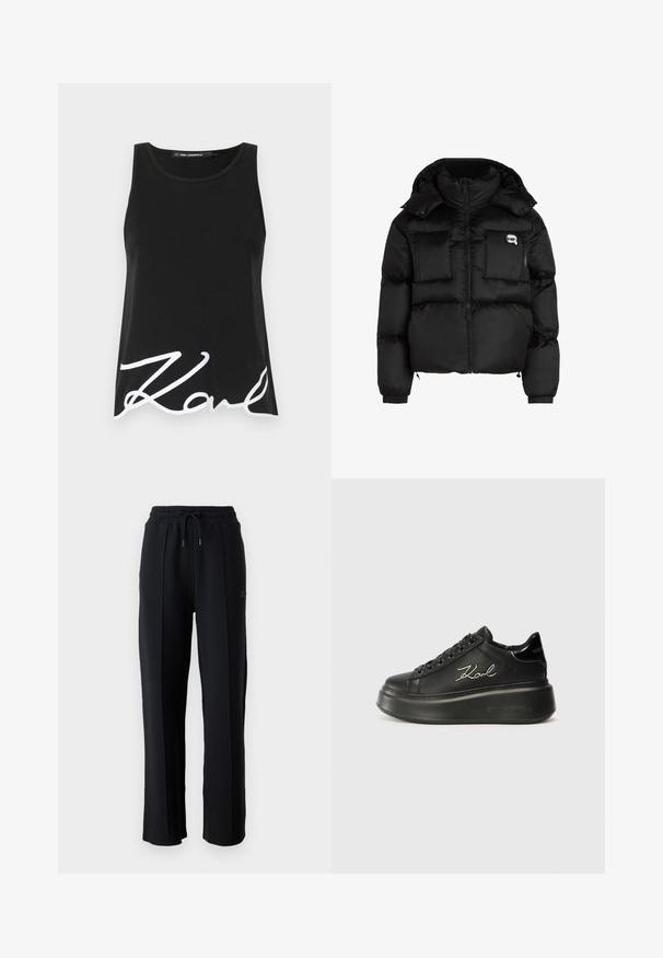 Jachetă puffer neagră, cu guler înalt, fermoar frontal, două buzunare mari în față și manșete elastice. Material neted și lucios, cu glugă.; Top negru, dintr-un material fin, cu o decolteu larg și un imprimeu mare alb de semnătură pe partea din față inferior.; Pantaloni de trening negri cu o croială relaxată, talie elastică, șnur reglabil și cusături verticale pe picioare. Textură de țesătură moale.; Tenisi negri cu platformă, având un superior din piele netedă, șireturi plate și un logo „Karl” brodat pe lateral. Vârful rotund și talpa groasă.