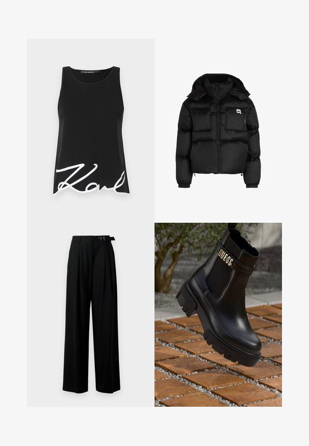 Černá péřová bunda s vysokým límcem, zapínáním na zip, dvěma velkými předními kapsami a elastickými manžetami. Hladká, lesklá látka s kapucí.; Černý tílko vyrobené z hladké látky s širokým výstřihem a velkým bílým potiskem podpisu na spodní části přední strany.; Černé široké kalhoty s vysokým pasem, záhyby vpředu a páskem s přezkou. Vyrobené z hladké, lehké tkaniny.; Černé kožené kotníkové boty s masivní gumovou podrážkou, elastickými bočními panely a zlatým akcentem s logem "GUESS".