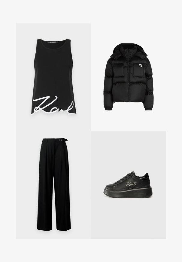 Juodas pūkinis švarkas su aukštu apykakle, užtrauktuku priekyje, dviem didelėm priekinėm kišenėm ir elastingomis rankovėmis. Lygus, blizgus audinys su kapišonu.; Juodas tankų marškinėlis, pagamintas iš lygaus audinio, turi platų iškirpimą ir didelį baltą parašą apatinėje priekyje.; Juodos plačios kojų kelnės su aukštu liemeniu, priekinėmis klostėmis ir diržu su sagtimi. Pagamintos iš lygaus, lengvo audinio.; Juodi platforminiai sportbačiai su lygiu odiniu viršumi, plokščiomis raištelėmis ir išsiuvinėtu "Karl" logotipu šone. Apvalūs pirštai ir storas padas.