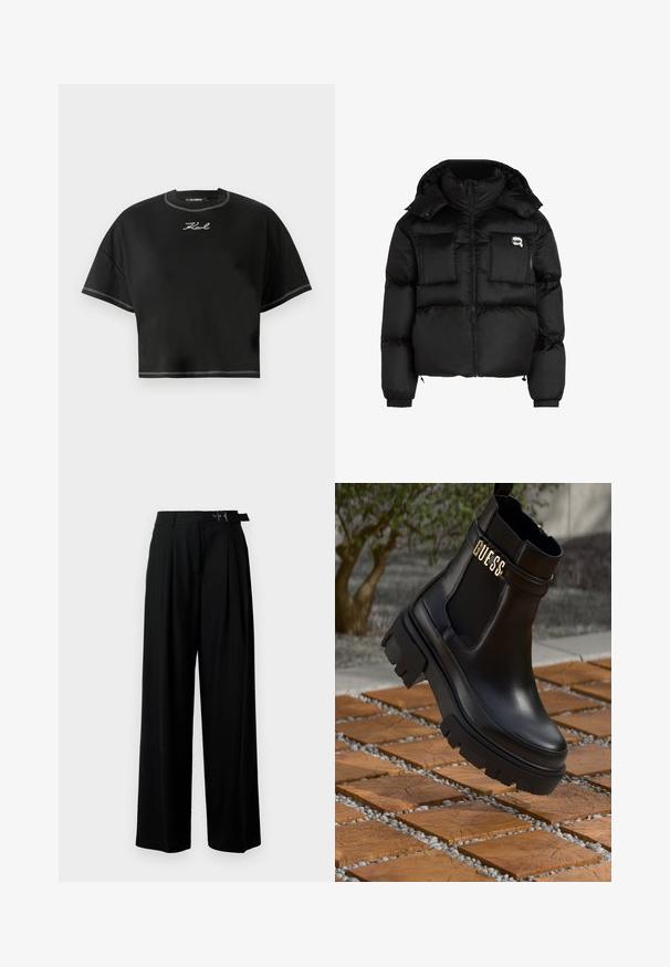 Čierna prešívaná bunda s vysokým golierom, so zipsom vpredu, dvoma veľkými prednými vreckami a elastickými manžetami. Hladká, lesklá tkanina s kapucňou.; Čierne skrátené tričko vyrobené z mäkkej látky. Má okrúhly výstrih, voľné krátke rukávy a biele kontrastné švy. Na prednej strane je vyšívané logo.; Čierne široké nohavice s vysokým pásom, skladmi vpredu a opaskom s prackou. Vyrobené z hladkej, ľahkej textílie.; Čierne kožené členkové topánky s masívnou gumovou podrážkou, elastickými bočnými panelmi a zlatým akcentom s logom "GUESS".