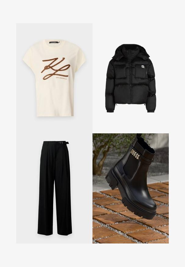 Svart pufferjacka med hög krage, zippered front, två stora framfickor och elastiska ärmslut. Slät, glänsande tyg med huva.; Krämfärgad bomulls-t-shirt med korta ärmar, med en brun broderad logotyp och skriptdesign på framsidan.; Svarta byxor med vida ben och hög midja, med veck framtill och ett bälte med spänne. Tillverkade av ett mjukt, lätt tyg.; Svart läderankelsko med en kraftig gummisul, elastiska sidopaneler och en guldfinish med "GUESS"-logotyp.