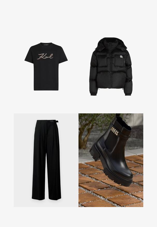 Must mustjakker, millel on kõrge krae, lukuga esiosa, kaks suurt eesmist taskut ja elastsed mansetid. Sile, läikiv kangas kapuutsiga.; Must musta T-särk, millel on hõbedane ja punane broderi "Karl" logo. Lühikesed varrukad ja ümar kaelus. Sile tekstuur, regulaarne istuvus.; Mustad kõrge vöökohaga mustad laiad püksid, millel on ees voldid ja vöö, millel on pandla. Valmistatud siledast ja kergest kangast.; Must musta saapad mustast nahast, millel on paks kummist tald, elastsed külgpaneelid ja kuldne aksent "GUESS" brändingu logoga.