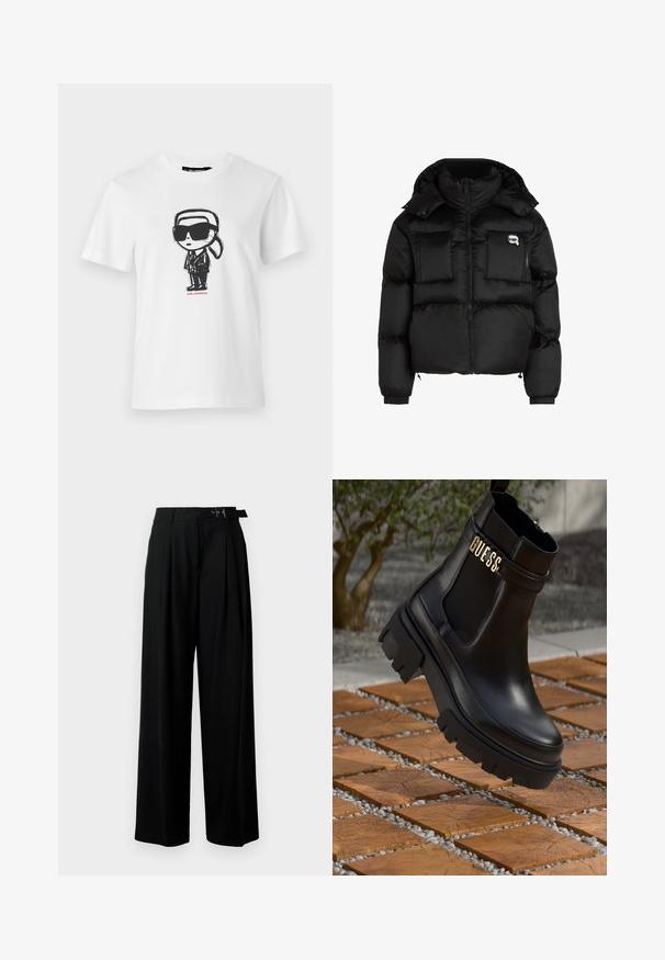 Musta pumpattu takki, jossa on korkea kaulus, vetoketjullinen etuosa, kaksi suurta etutaskua ja joustavat hihansuut. Sujuva, kiiltävä kangas huppuna.; Valkoinen puuvillapaita, jossa on mustavalkoinen sarjakuvamainen kuvasto hahmosta, joka käyttää suuria aurinkolaseja ja pukua, ja alla lukee "KARL LAGERFELD".; Mustat leveät housut korkealla vyötäröllä, etuosassa laskokset ja soljellinen vyö. Valmistettu sileästä ja kevyestä kankaasta.; Musta nahkasaapas nilkkapituisena, jossa on paksu kumipohja, joustavat sivupaneelit ja kultainen yksityiskohta "GUESS"-brändäyksellä.